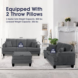 Dark Gray 3 Piece Set Comfy Sofa Couch 3-Seater & Loveseat Sofa with Storage Ottoman for Living Room with USB, Side Pockets, Pillows included-Parc Decor
