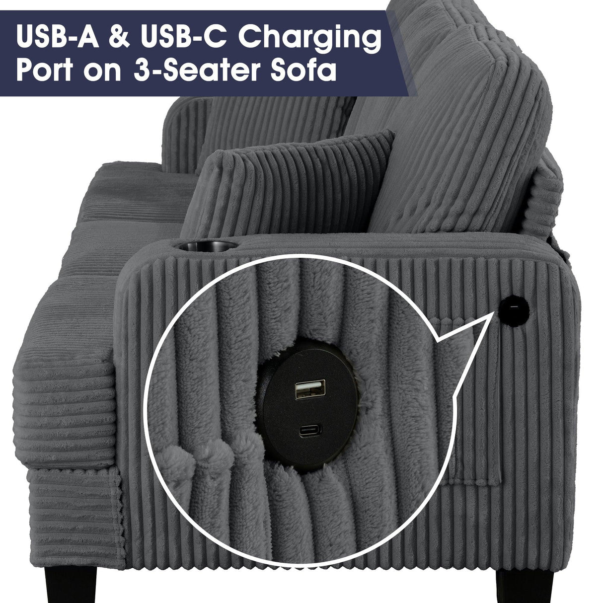 Dark Gray 3 Piece Set Comfy Sofa Couch 3-Seater & Loveseat Sofa with Storage Ottoman for Living Room with USB, Side Pockets, Pillows included-Parc Decor