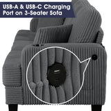 Dark Gray 3 Piece Set Comfy Sofa Couch 3-Seater & Loveseat Sofa with Storage Ottoman for Living Room with USB, Side Pockets, Pillows included-Parc Decor