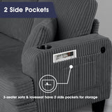 Dark Gray 3 Piece Set Comfy Sofa Couch 3-Seater & Loveseat Sofa with Storage Ottoman for Living Room with USB, Side Pockets, Pillows included-Parc Decor