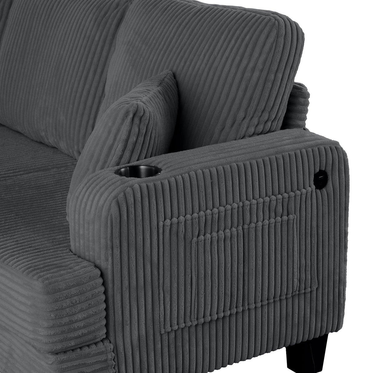 Dark Gray 3 Piece Set Comfy Sofa Couch 3-Seater & Loveseat Sofa with Storage Ottoman for Living Room with USB, Side Pockets, Pillows included-Parc Decor