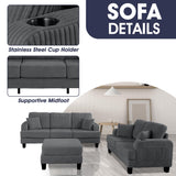 Dark Gray 3 Piece Set Comfy Sofa Couch 3-Seater & Loveseat Sofa with Storage Ottoman for Living Room with USB, Side Pockets, Pillows included-Parc Decor