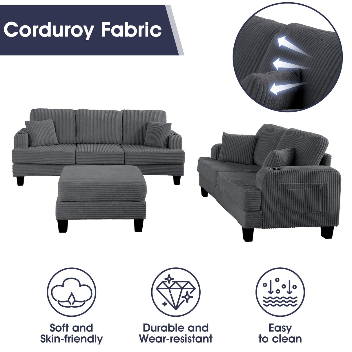 Dark Gray 3 Piece Set Comfy Sofa Couch 3-Seater & Loveseat Sofa with Storage Ottoman for Living Room with USB, Side Pockets, Pillows included-Parc Decor