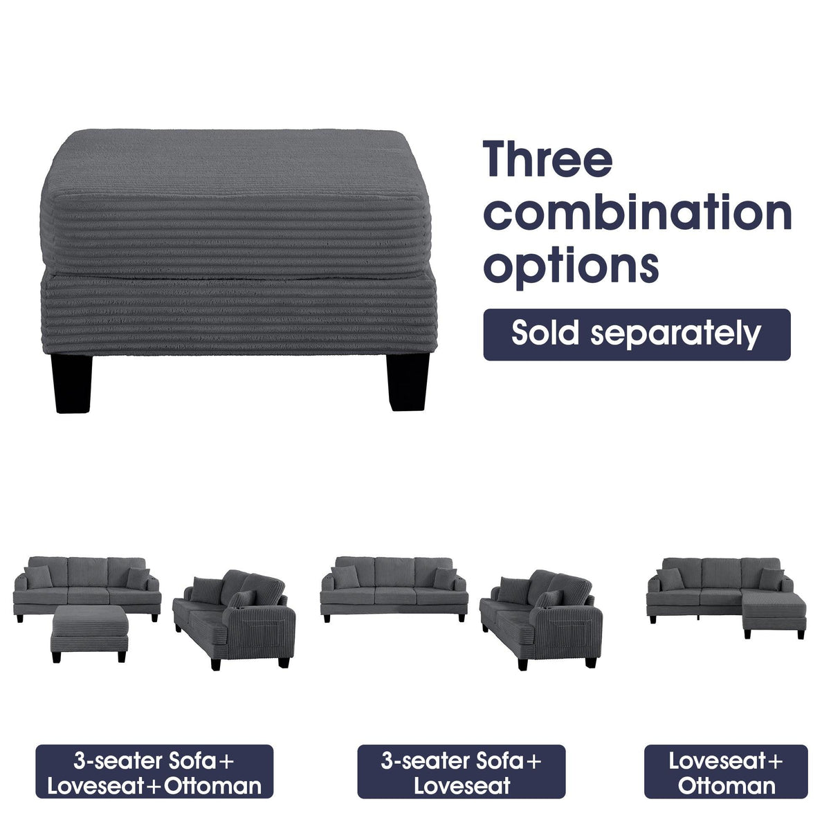 Dark Gray 3 Piece Set Comfy Sofa Couch 3-Seater & Loveseat Sofa with Storage Ottoman for Living Room with USB, Side Pockets, Pillows included-Parc Decor