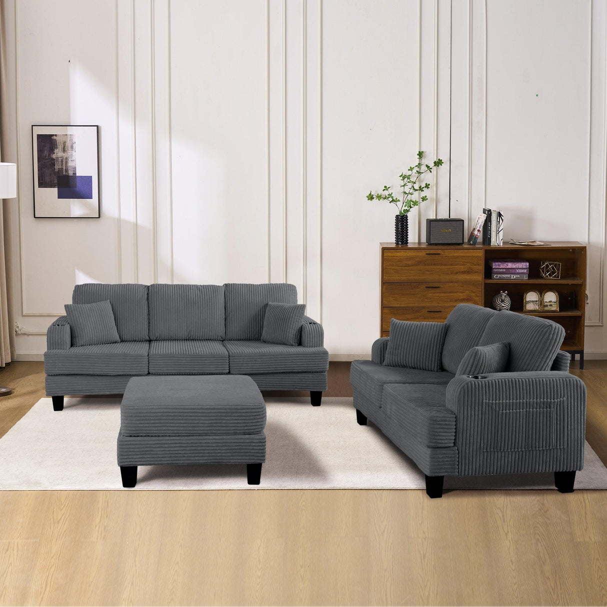 Dark Gray 3 Piece Set Comfy Sofa Couch 3-Seater & Loveseat Sofa with Storage Ottoman for Living Room with USB, Side Pockets, Pillows included-Parc Decor