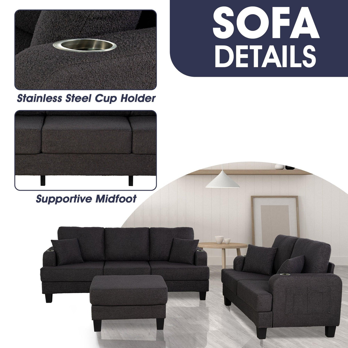 Dark Gray 3-Piece Sofa Set with Storage Ottoman & USB Charging-Parc Decor