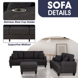 Dark Gray 3-Piece Sofa Set with Storage Ottoman & USB Charging-Parc Decor