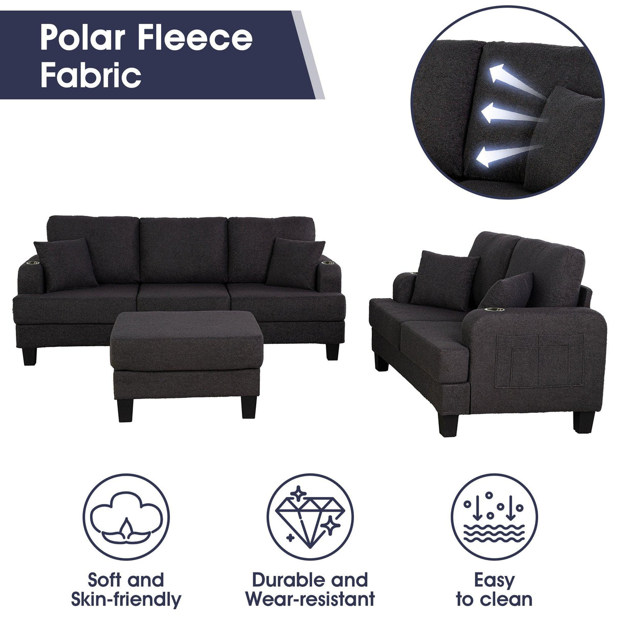 Dark Gray 3-Piece Sofa Set with Storage Ottoman & USB Charging-Parc Decor