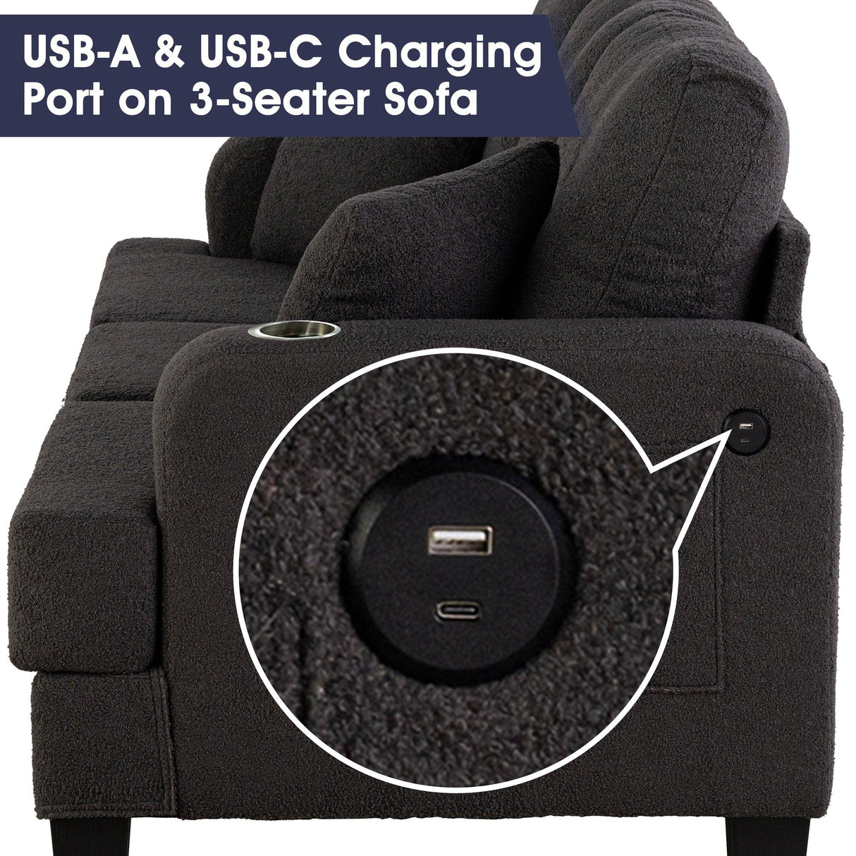 Dark Gray 3-Piece Sofa Set with Storage Ottoman & USB Charging-Parc Decor