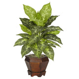 Dieffenbachia w/Wood Vase Silk Plant (Set of 2)-Parc Decor