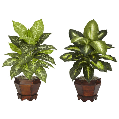 Dieffenbachia w/Wood Vase Silk Plant (Set of 2)-Parc Decor