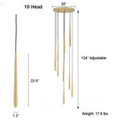 Evora 10-head gold pendant chandelier with adjustable hanging lights and dimensions.