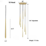 Evora 10-head gold pendant chandelier with adjustable hanging lights and dimensions.