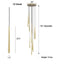 Evora Pendant Chandelier, 12 gold cone-shaped lights hanging from a round gold base, with dimensions.