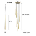 Evora Pendant Chandelier, 12 gold cone-shaped lights hanging from a round gold base, with dimensions.