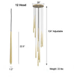 Evora Pendant Chandelier, 12 gold cone-shaped lights hanging from a round gold base, with dimensions.