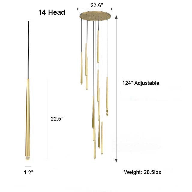 Evora 14-head gold pendant chandelier with cold white light, featuring adjustable hanging rods.