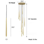 Evora 14-head gold pendant chandelier with cold white light, featuring adjustable hanging rods.