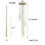 Evora 14-head gold pendant chandelier with cold white light, featuring adjustable hanging rods.