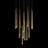Evora Pendant Chandelier with multiple long, thin, gold-toned metal pendants and small lights on a black background.