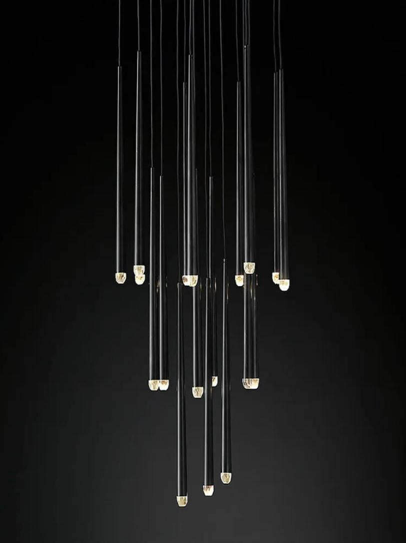 Evora 10-head black pendant chandelier with long, thin tubes and cold white lights.