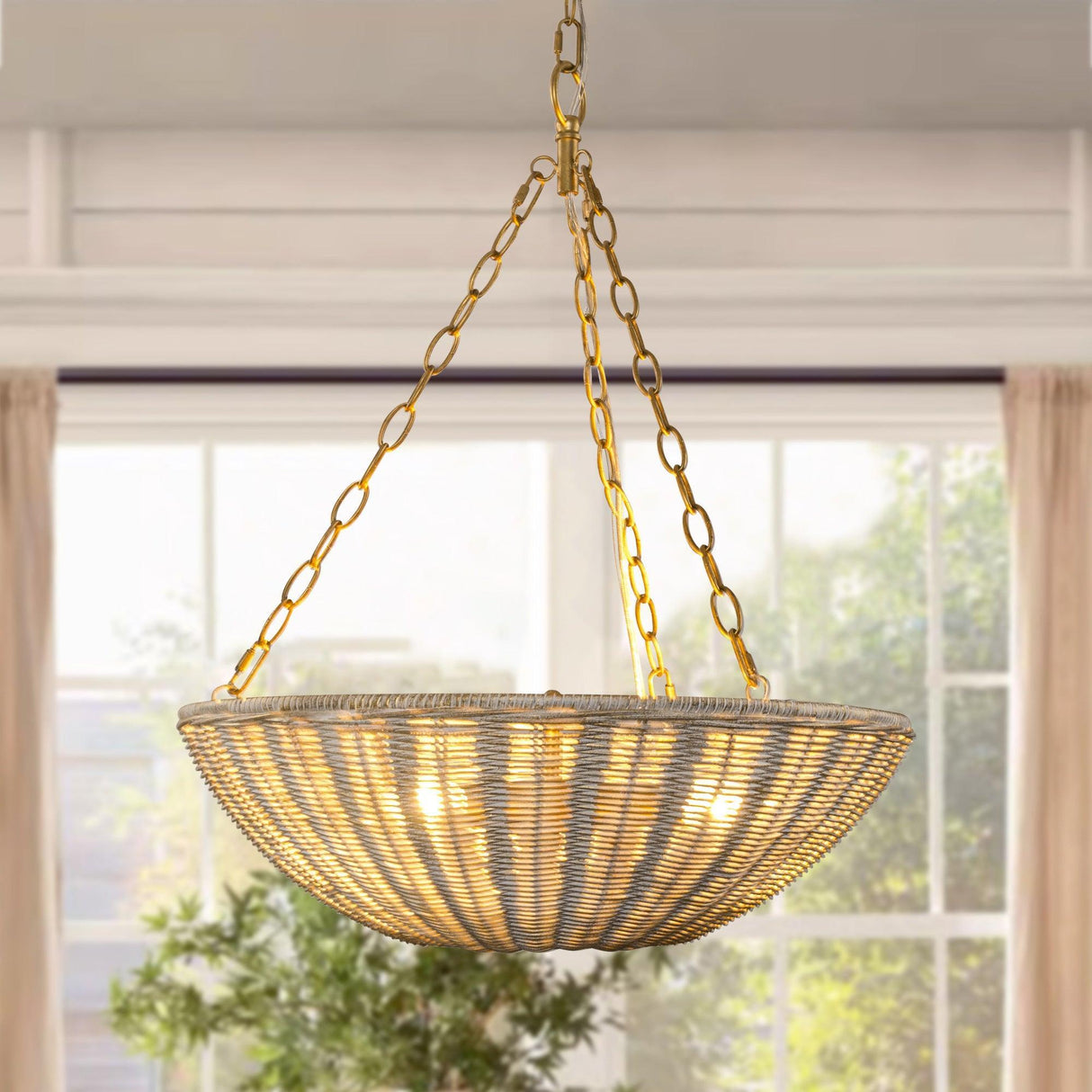 Farmhouse 3-Light Rattan Island Pendant Lighting in Bowl Shape-Parc Decor