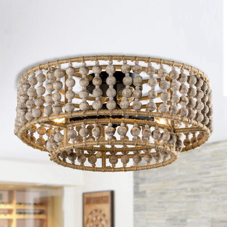 Farmhouse 3-Light Wood Beaded Flush Mount Ceiling Lights-Parc Decor