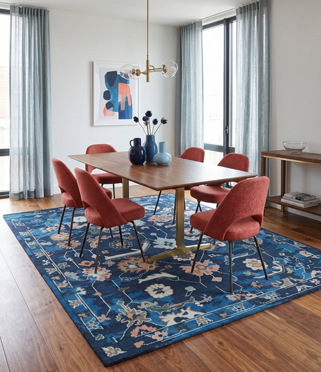Custom Made Blue, Camel and Ivory Traditional Oriental Oushak wool Area Rug