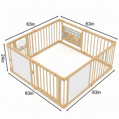 Wooden Baby Playpen with Mirror & Whiteboard Panel – Foldable 63" x 63" Montessori Sensory Play Yard