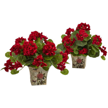 Geranium Flowering Silk Plant with Floral Planter (Set of 2)-Parc Decor