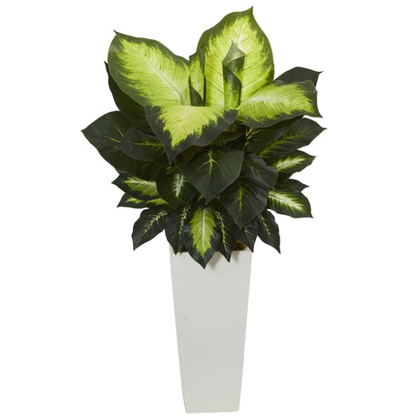 Golden Dieffenbachia Artificial Plant in White Tower Planter-Parc Decor