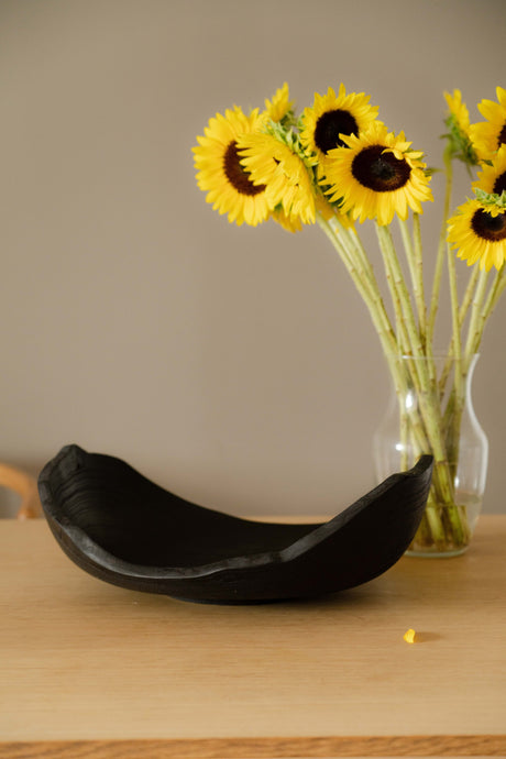Hand-Carved Large Charred Wood Shallow Bowl-Parc Decor