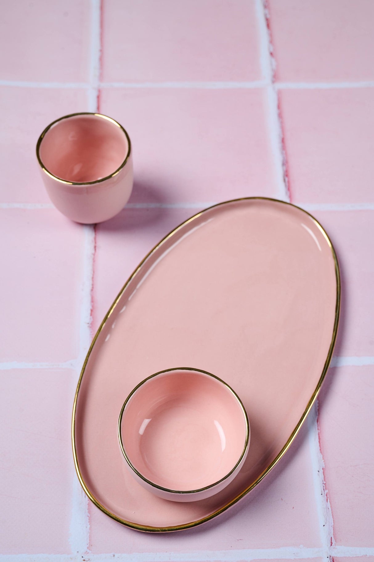 Handmade Oval Porcelain Serving Platter with Gold Rim. Powder Pink-Parc Decor