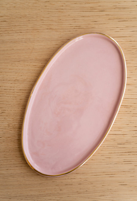 Handmade Oval Porcelain Serving Platter with Gold Rim. Powder Pink-Parc Decor