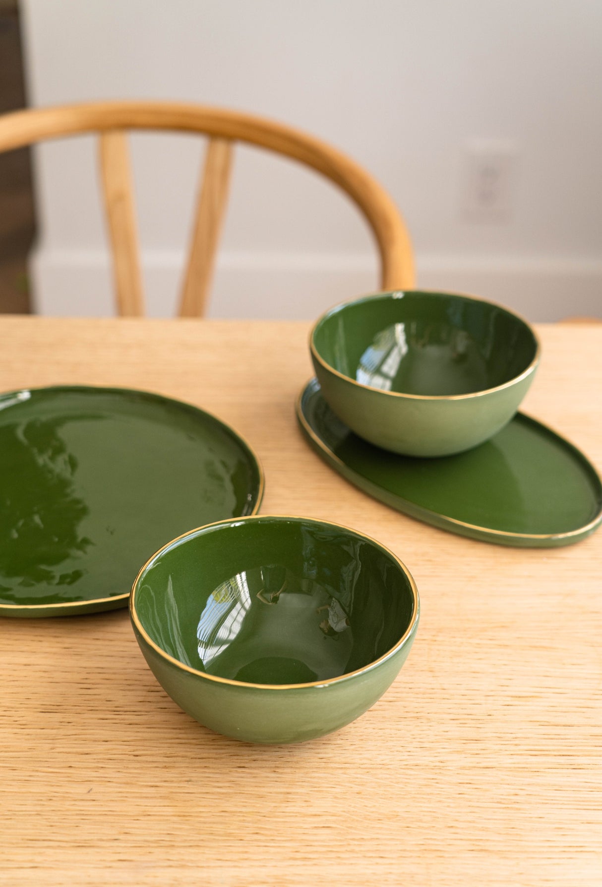 Handmade Porcelain Dinner Plates with Gold Rim. Green-Parc Decor
