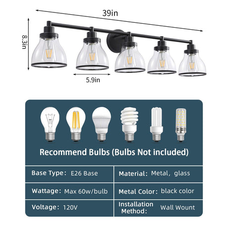 Hermosa Modern Polished Nickel & Black 5-Light Bathroom Vanity Light-Parc Decor