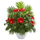 Hibiscus and Areca Palm Artificial Plant in White Bowl-Parc Decor