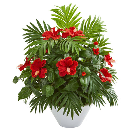 Hibiscus and Areca Palm Artificial Plant in White Bowl-Parc Decor