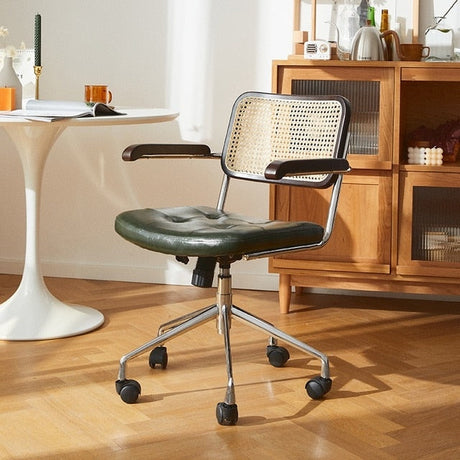Lox Office Chair in olive green with cane back, dark wood arms, and chrome base with wheels.