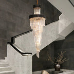 Medford Crystal Chandelier, black frame, tiered clear crystal rods, warm light, 50 x 150cm.