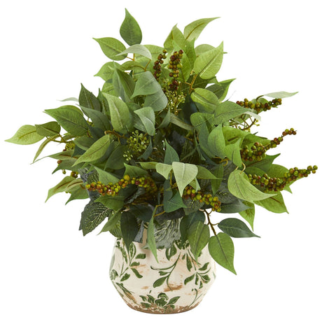 Mixed Ficus, Fittonia and Berries Artificial Plant in Floral Vase-Parc Decor
