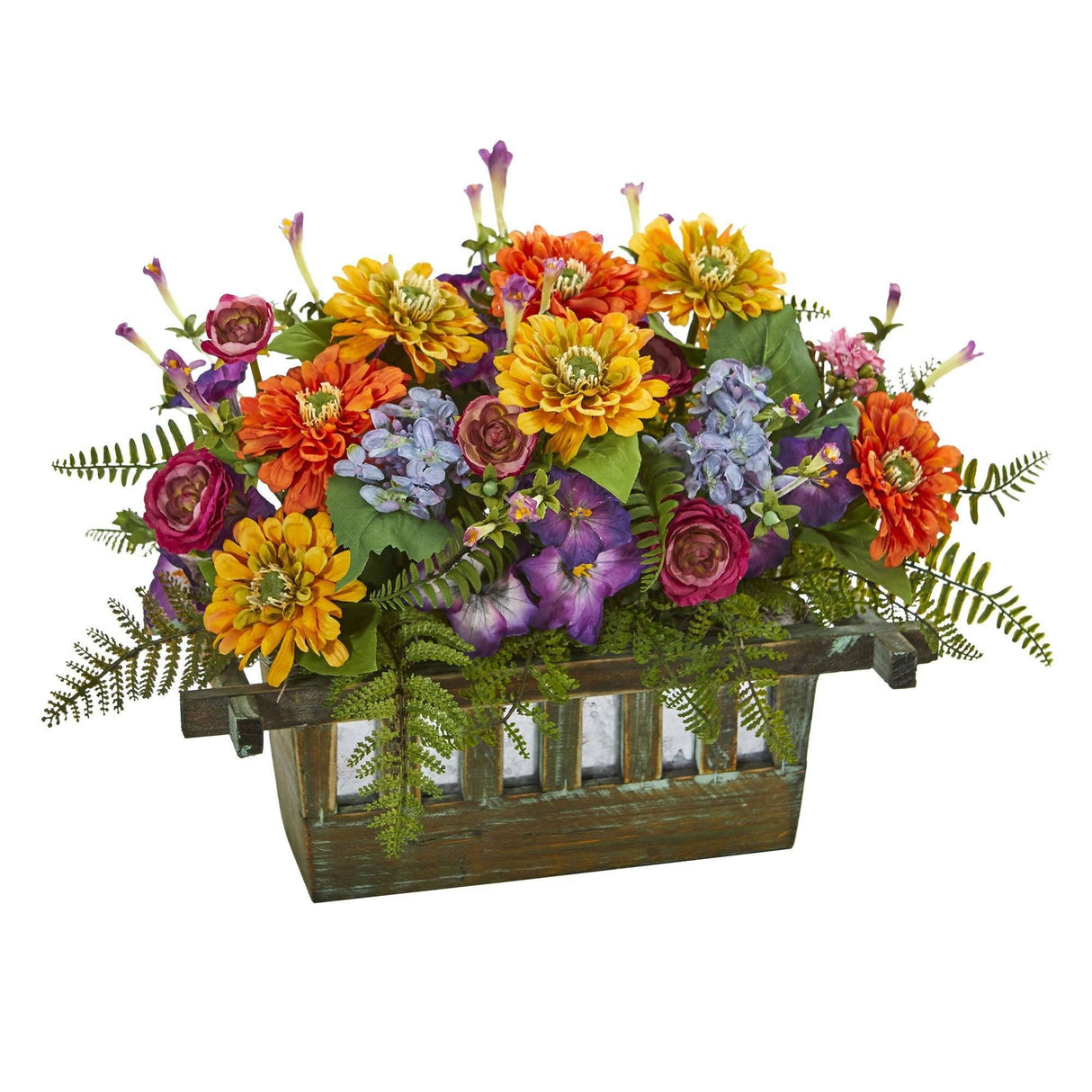 Mixed Floral Artificial Arrangement in Rectangular Wood Planter-Parc Decor