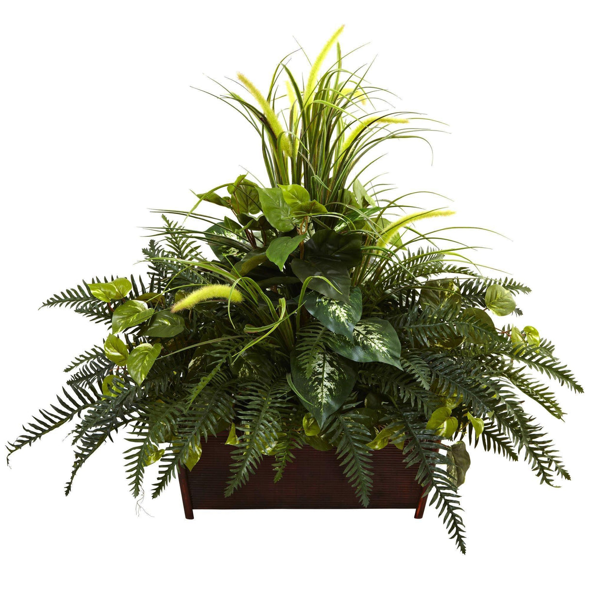 Mixed Grass & River Fern w/Wood Planter-Parc Decor