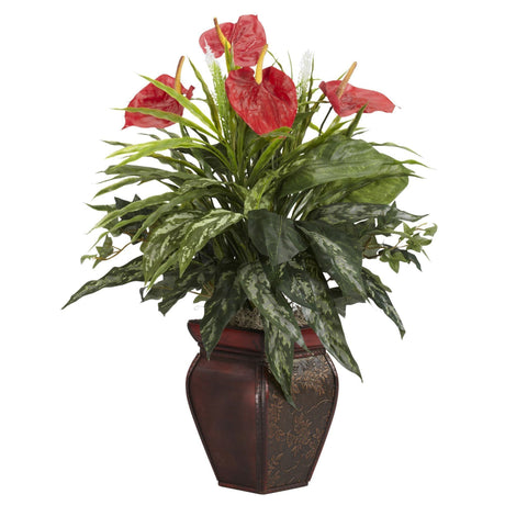 Mixed Greens & Anthurium w/Decorative Vase Silk Plant-Parc Decor