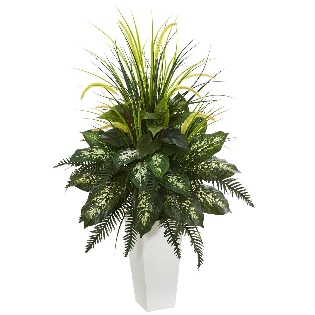 Mixed River Fern and Dogtail Artificial Plant in White Tower Planter-Parc Decor