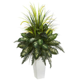 Mixed River Fern and Dogtail Artificial Plant in White Tower Planter-Parc Decor