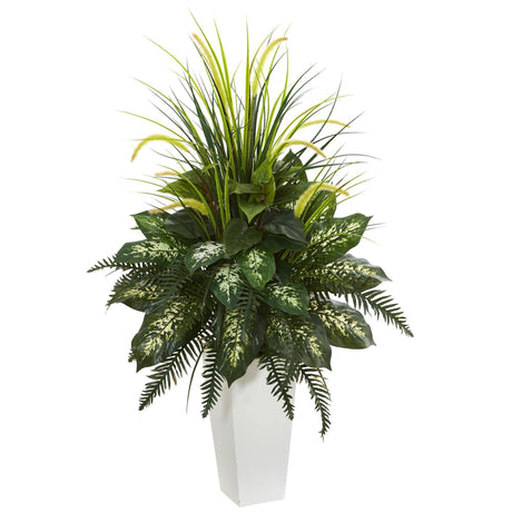 Mixed River Fern and Dogtail Artificial Plant in White Tower Planter-Parc Decor