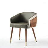 Modenal Dining Chair with olive green leather, white trim, wood paneling, and tapered legs with brass caps.