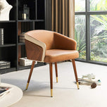 Modenal dining chair in brown leather with beige trim, wood accents, and gold-capped legs.