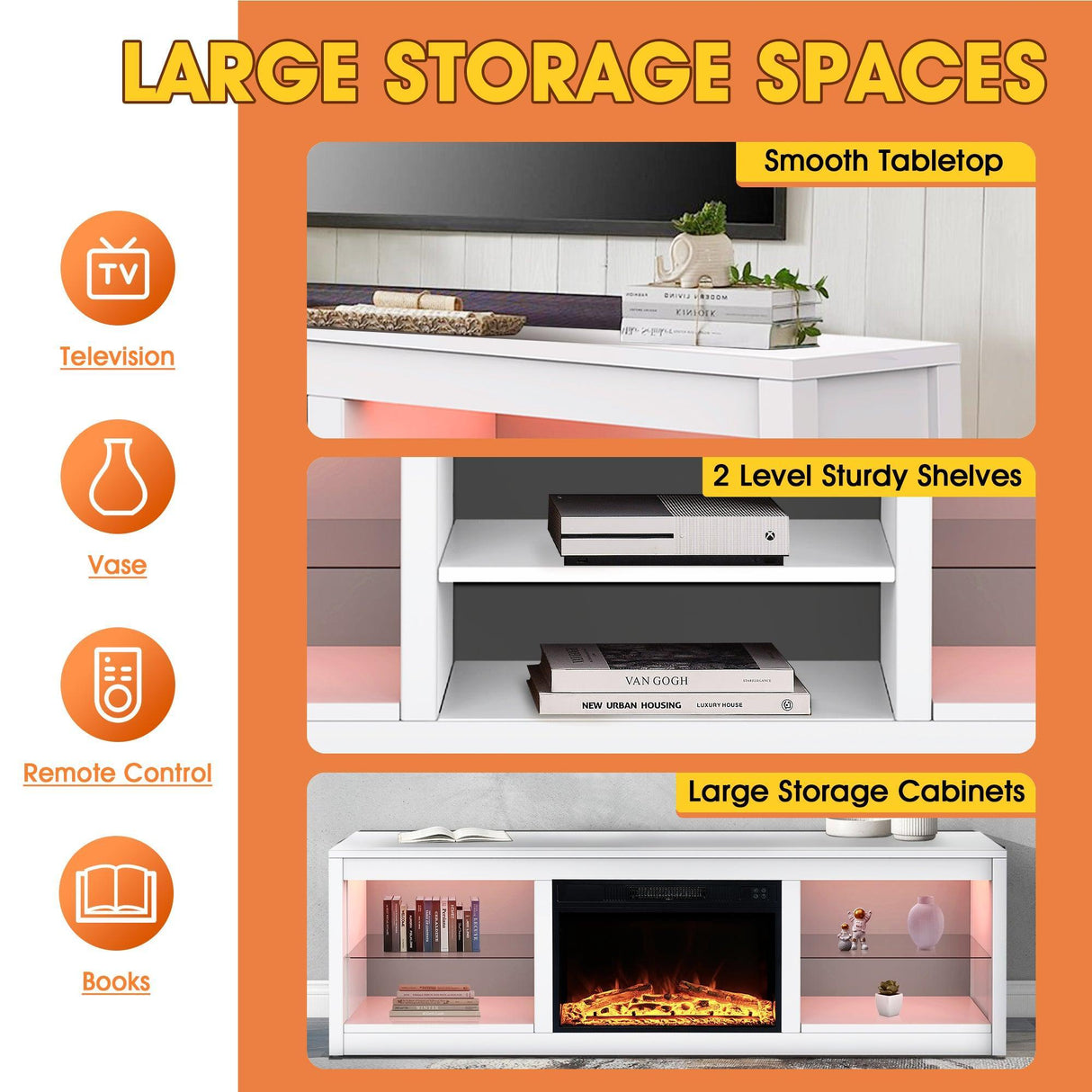 Modern 66" LED TV Stand with 23" Insert Electric Fireplace for Living Room-Parc Decor